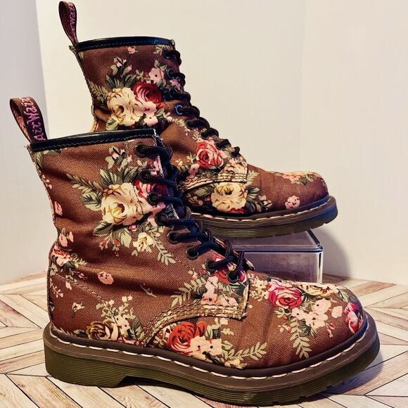 Dr Martens 1460 Victorian Roses Floral Canvas Women's 6 Brown Pink Combat Boots - Picture 2 of 8